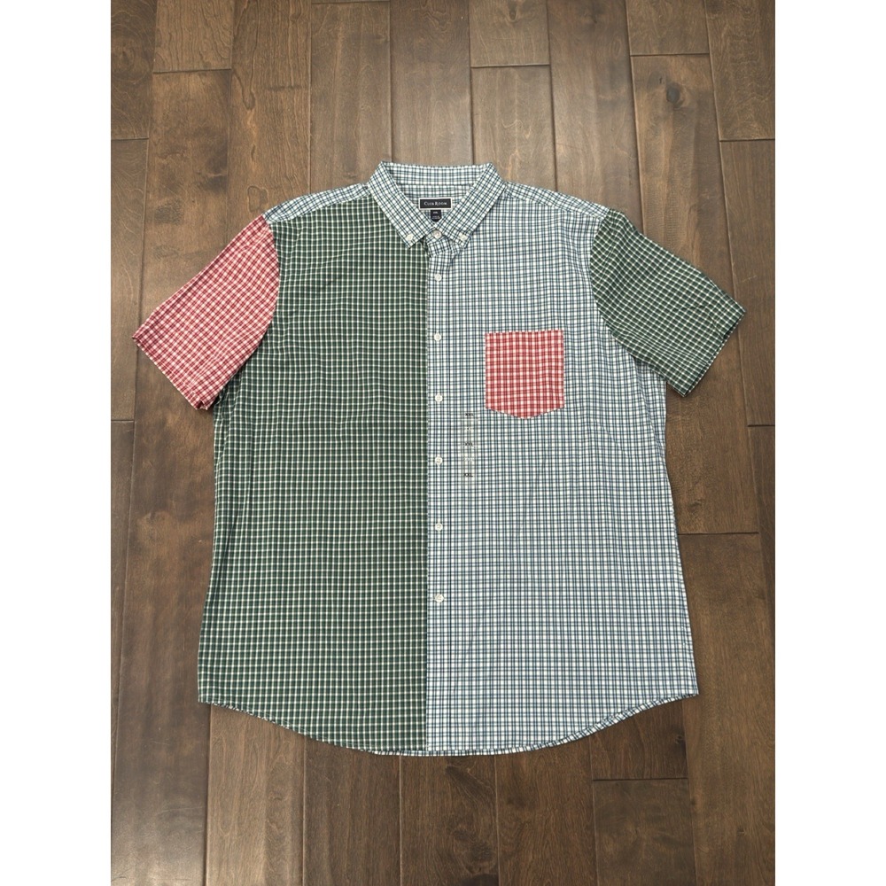 NWOT Club Room Mens Stretch Button Down Patchwork Short Sleeve Plaid Shirt 2XL‎